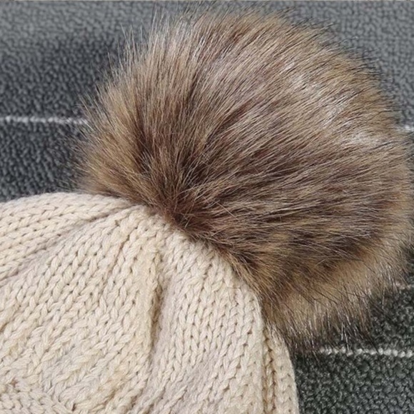 NEW! Fur Lined Knit Pom Pom Beanie in Beige - Picture 2 of 7